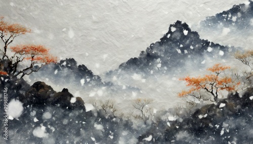 冬の到来、雪をイメージした背景（和、和紙、和風イメージの背景素材）