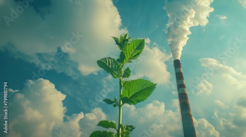 A resilient green plant thrives amid industrial chimney emissions. Reducing carbon through thought-provoking imagery. © sirisakboakaew