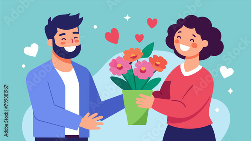 A man surprising his partner with a beautiful flower arrangement the joy and love evident in both their faces..