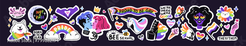 LGBT icons set. Celebration of pride month. Homosexual love, lesbians, gays sticker pack. Signs of queer gender, orientation, LGBTQ progressive flag, rainbow. Flat isolated vector illustrations