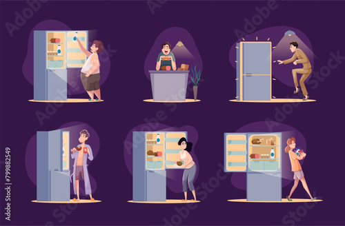 Night food. People gluttony night snacking near fridge exact vector characters with bad habits