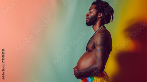 Profile shot of tattooed afro-caribbean black pregnant man at pride celebration shoot with pastel coloured studio background photo