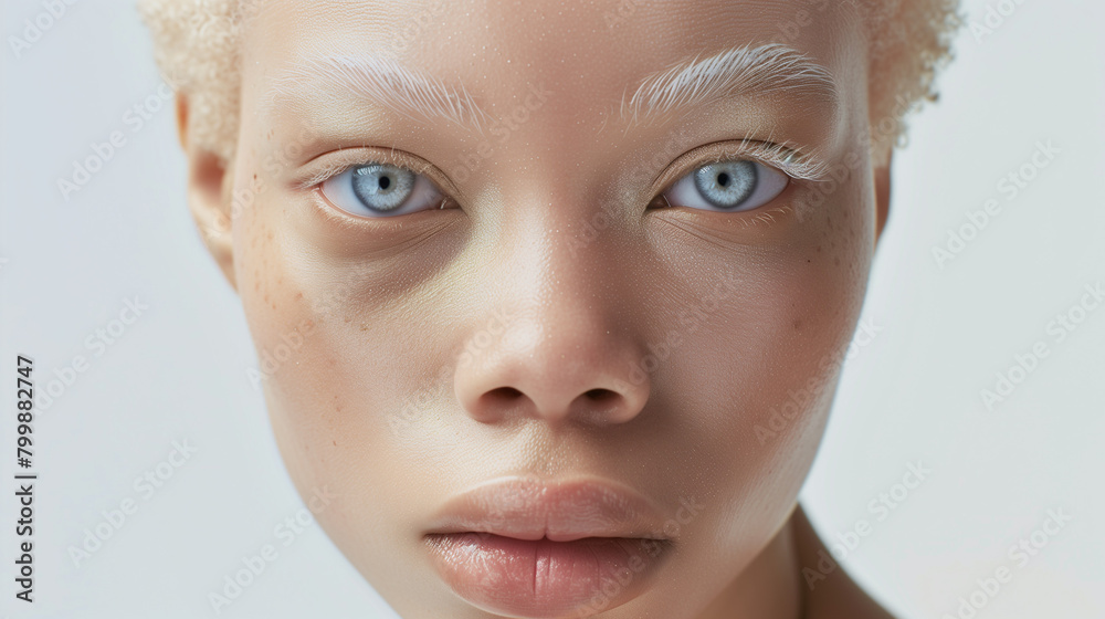 close up portrait of an albino woman with striking blue eyes and blonde eyebrows and afro-caribbean hair close up portrait of an albino woman with striking blue eyes and blonde eyebrows and afro-caribbean hair