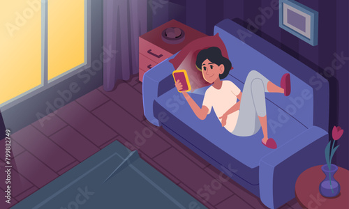 Phone in night time. People using smartphones or tablets before going to bed exact vector addiction of people