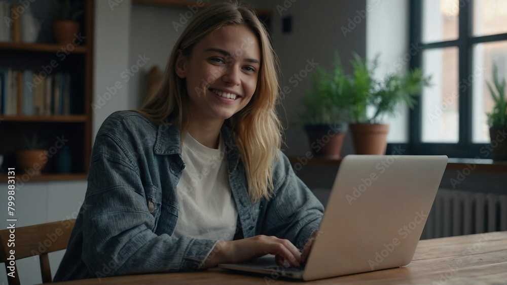 portrait of a smiling young girl freelancer working on a laptop at home portrait of a smiling young girl freelancer working on a laptop at home