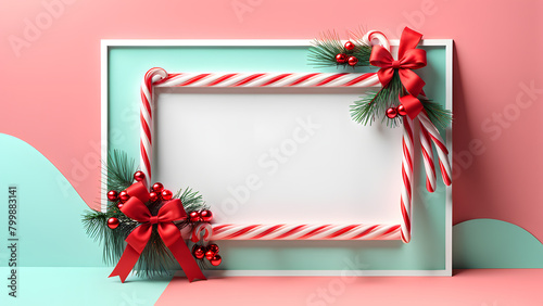 A white frame with red ribbon and green leaves