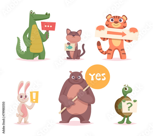 Animals with banners. Cartoon funny animals holding info placard and direction arrows exact vector illustrations set © ONYXprj