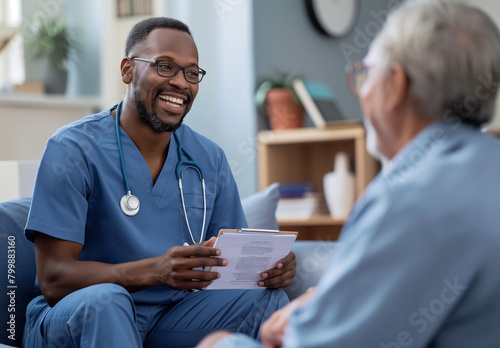
A young male nurse with a stethoscope around his neck, wearing blue scrubs is sitting on the couch in a living room and talking to a happy senior man holding a medical notebook while doing a home vis photo