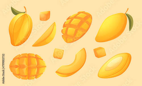 Mango. Tropical exotic sliced fruits mango exact vector healthy products