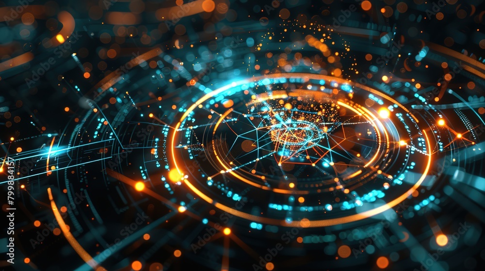 Obraz premium High tech server visualization, displaying particle data streams, circular computing interfaces, and virtual reality environments