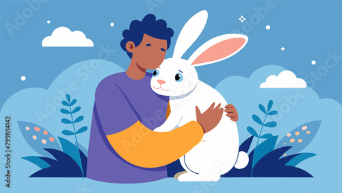 A trained rabbit being held by a person with anxiety as the gentle creature encourages them to relax and let go of their worries.. Vector illustration