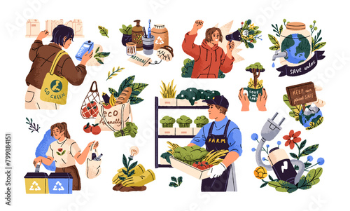 Eco friendly people protect environment set. Ecofriendly life. Activists care about Earth ecology, save nature, planet. Ecologists sorting, recycle waste. Flat isolated vector illustration on white