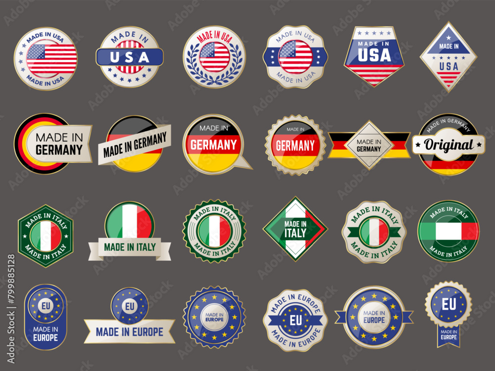 Made in. Manufacture symbols of country quality made in germany italy usa or europe recent vector badges collection