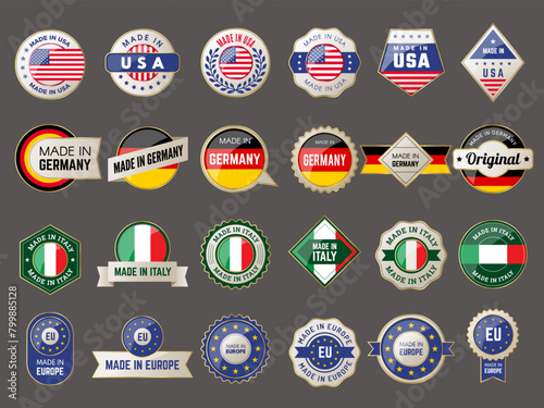 Made in. Manufacture symbols of country quality made in germany italy usa or europe recent vector badges collection