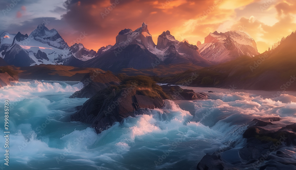 Sunset Illuminating Mountain Rapids in Wilderness
Sunset Illuminating Mountain Rapids in Wilderness