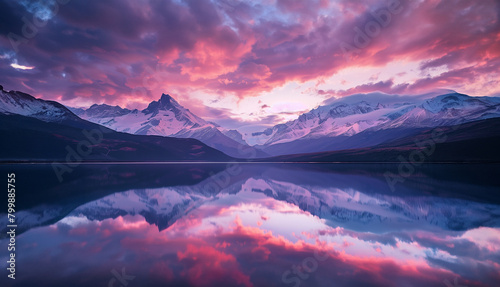 Mountain Peaks Reflecting on Lake at Sunset 