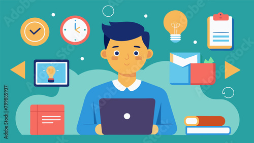 A student with ADHD using a specialized learning device which includes features such as task timers and personalized reminders to help them stay. Vector illustration