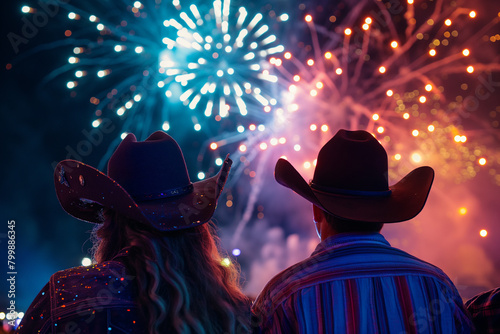 Couple in Cowboy Hats Enjoying Fireworks Show 