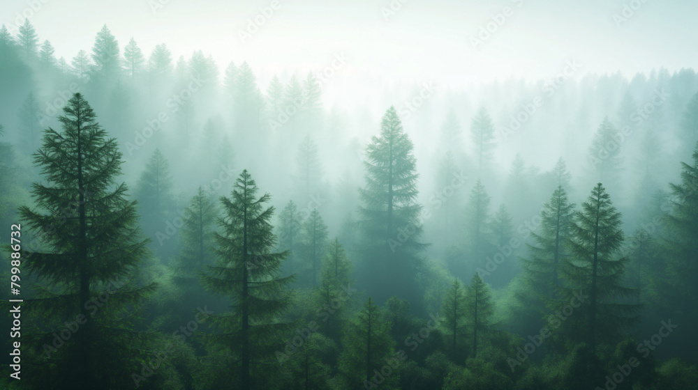 pine trees shrouded in fog