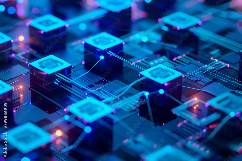 Close-Up View of Glowing Electronic Circuits in Blockchain Concept Close-Up View of Glowing Electronic Circuits in Blockchain Concept