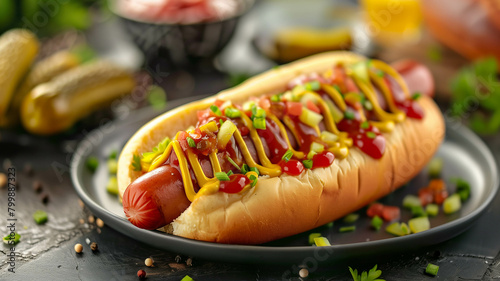 A savory hot dog topped with tangy mustard, rich ketchup, and crunchy pickles, artistically arranged on a rustic wooden surface, inspired by food photography icon. Ai generated