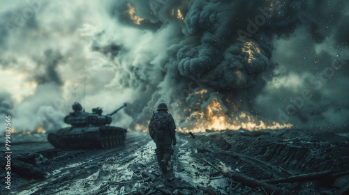 Soldier walking toward conflict amidst explosions