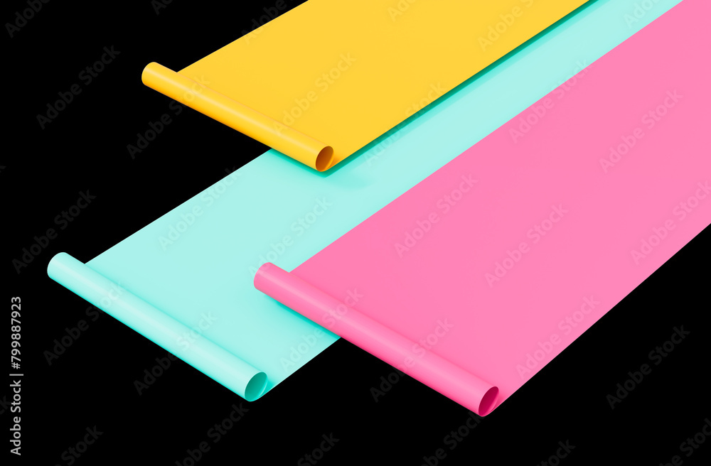 Half Rolled Colorful Paper Sheets Roll Isolated On Black Background 3D Illustration Half Rolled Colorful Paper Sheets Roll Isolated On Black Background 3D Illustration