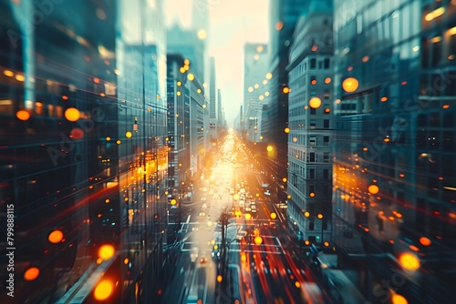 Captivating Image of a Contemporary Metropolis with Blurred Skyscrapers and Illuminated Streets in Motion