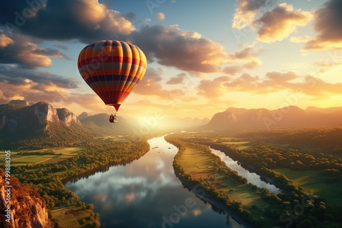 Hot air balloon with people is flying over beautiful landscape with mountains and river on sunrise. Sky with clouds. Warm and peaceful atmosphere. Generative ai. Fantasy colors.