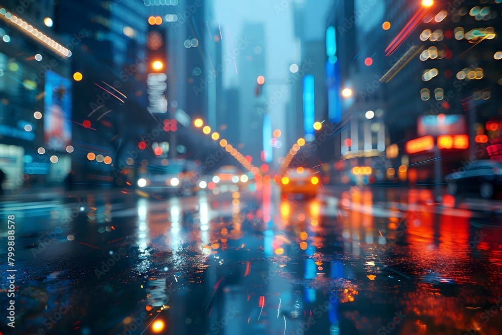 Captivating Blurred Urban Cityscape at Night with Rainy Street Lights and Reflections