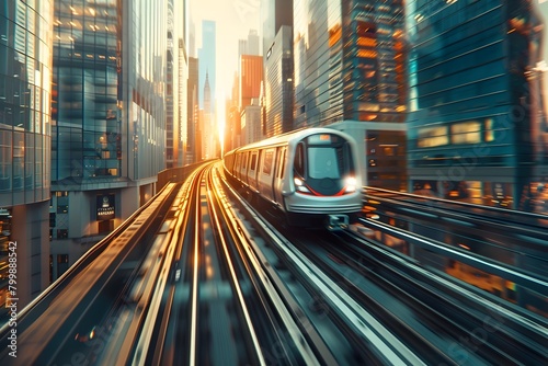 Blurring Speeds of Futuristic Urban Cityscape with Elevated Metro Train in Motion photo
