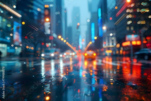 Captivating Blurred Urban Cityscape at Night with Rainy Street Lights and Reflections