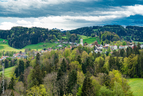 CH, Schweiz, Landschaft in Appenzell bei Heiden; Blick auf Heiden, Hügellandschaft im Frühjahr mit changierenden Farben aus Gelb und Grün