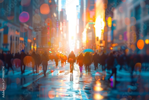 Vibrant Blurred City Landscape with Dynamic Crowds and Lights in Full Swing