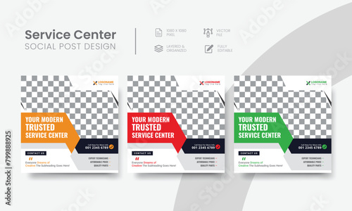 Service center social media post template for tech, & car repair creative banner ads. Functional servicing center social media flyer layout concept. Vol - 27