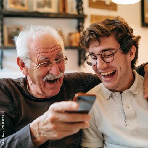 A young man teaching his elderly father how to use a smartphone, both grinning at a funny video.