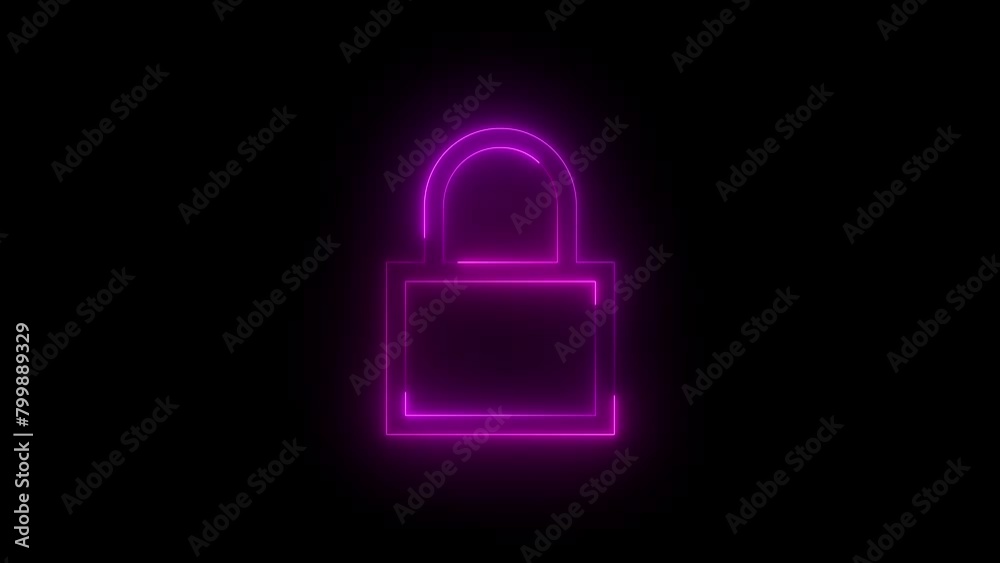 Neon glowing pink color security lock icon on black background animation Neon glowing pink color security lock icon on black background animation