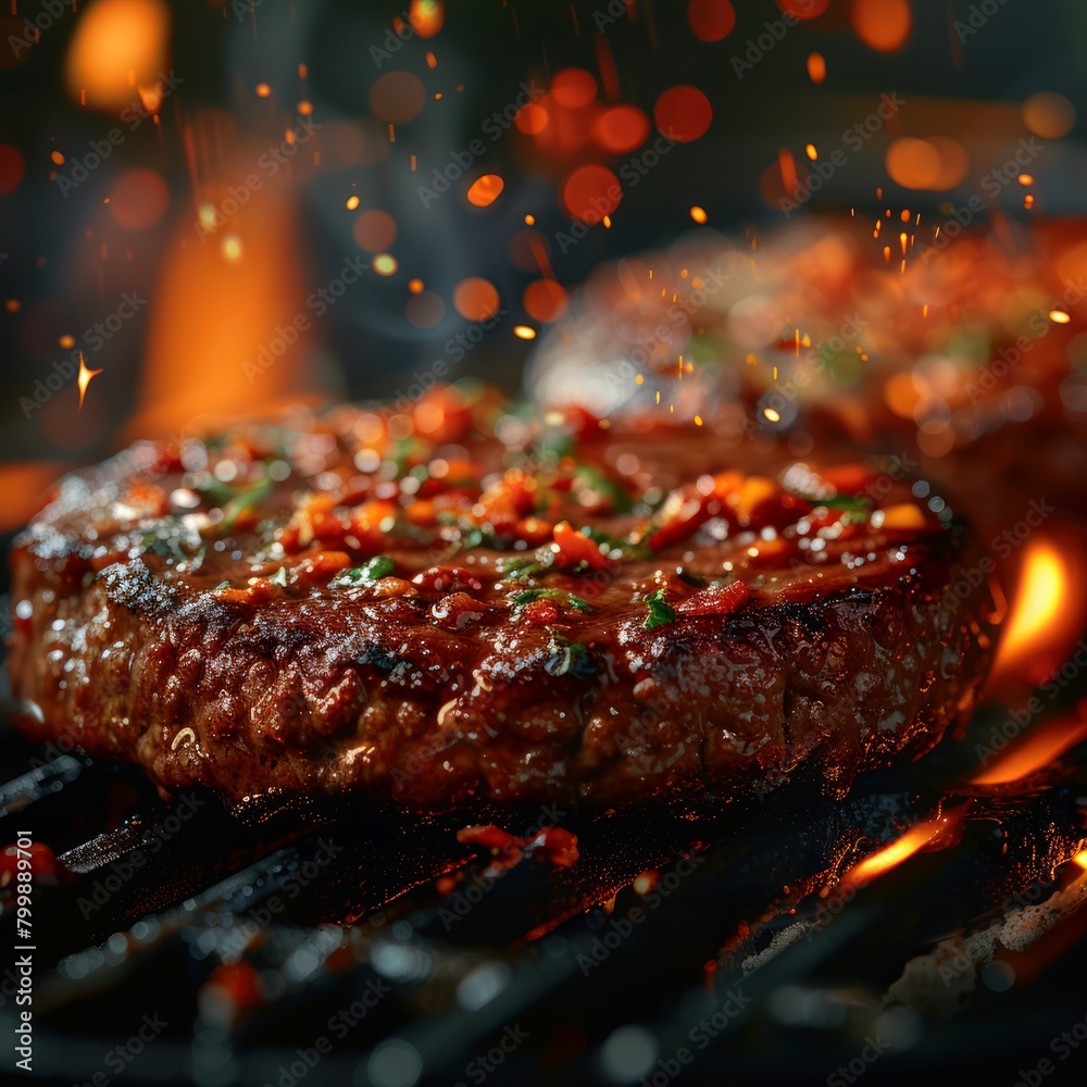 Photo of a beef burger on the grill Photo of a beef burger on the grill
