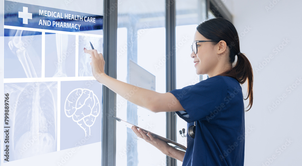 Medicine doctor working with digital healthcare and network connection on hologram modern virtual screen interface icons, Medical technology and healthcare concept.