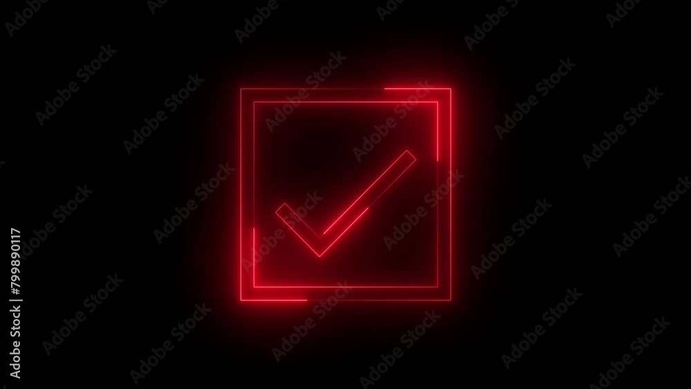 Neon glowing red color check mark box icon on black background animation Neon glowing red color check mark box icon on black background animation