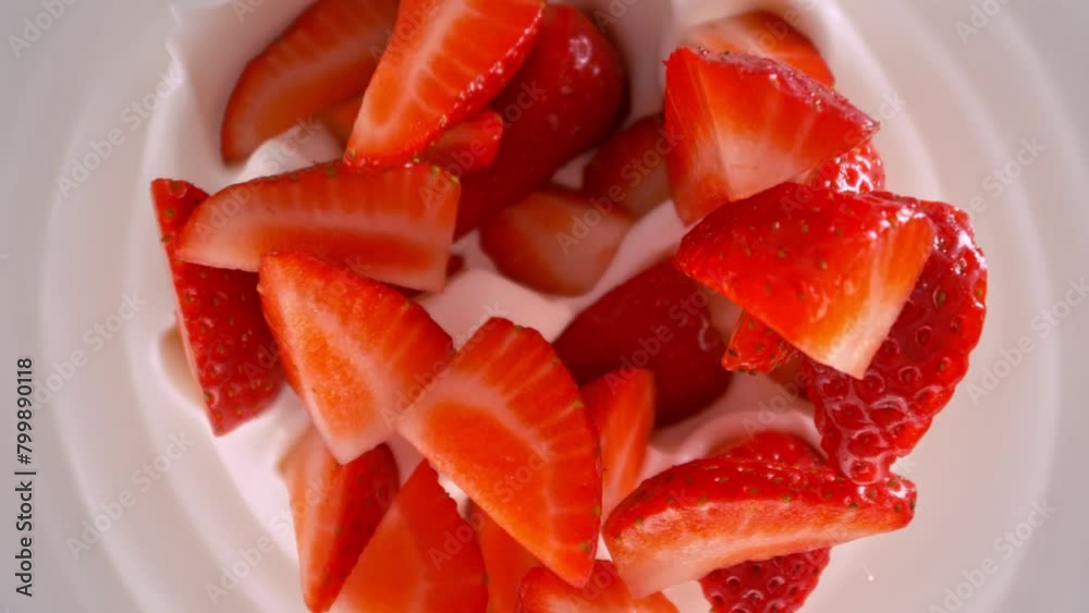 Super Slow Motion Shot of Fresh Strawberries Followed by Camera Falling into Yogurt at 1000fps. Super Slow Motion Shot of Fresh Strawberries Followed by Camera Falling into Yogurt at 1000fps.