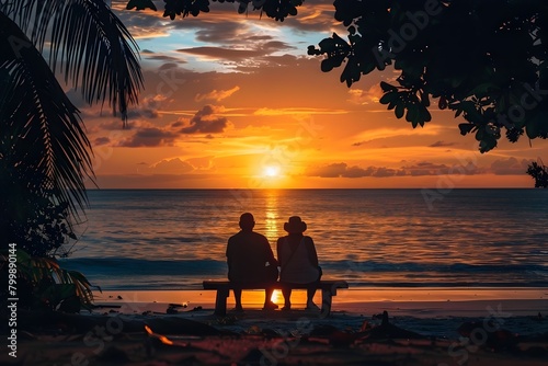 Elderly Couple Enjoying Breathtaking Sunset by the Ocean in Tropical Paradise