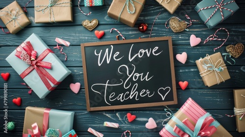Large Blackboard with We Love You Teacher Surrounded by Gifts