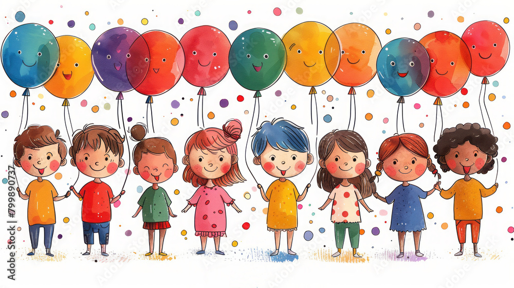 Illustration of Children with Colorful Balloons and Confetti Illustration of Children with Colorful Balloons and Confetti