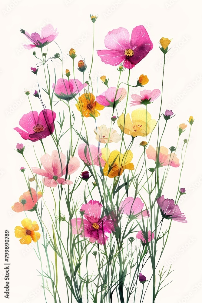 A graceful bouquet of cosmos flowers in watercolor, showcasing soft pink and vivid yellow tones with a touch of greenery.