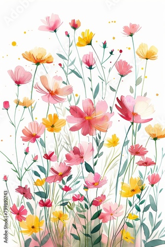 Watercolor painting depicting a lively field of cosmos flowers in shades of pink and yellow with splashes of paint droplets.