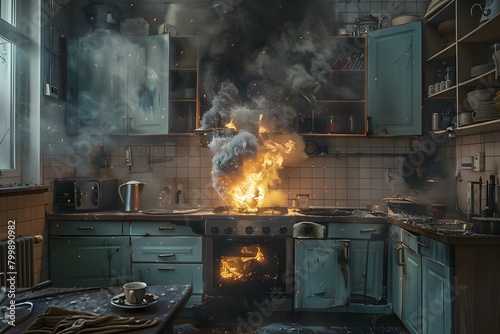 Captivating Moment of Domestic Danger:Electrical Hazard Sparks Explosive Kitchen Chaos