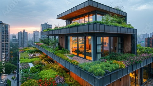 A sustainable urban rooftop garden, Green space in the city promoting biodiversity