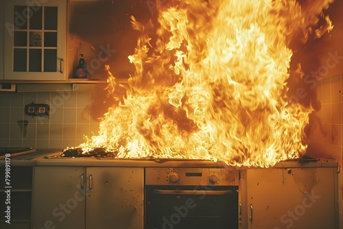Dynamic image serving as a cautionary tale against ignored electrical problems in the kitchen,highlighting the dangers of fire hazards and the photo