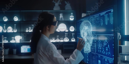 research scientist using artificial intelligence on virtual screen for pharmaceutical research - future medicine laboratory concept